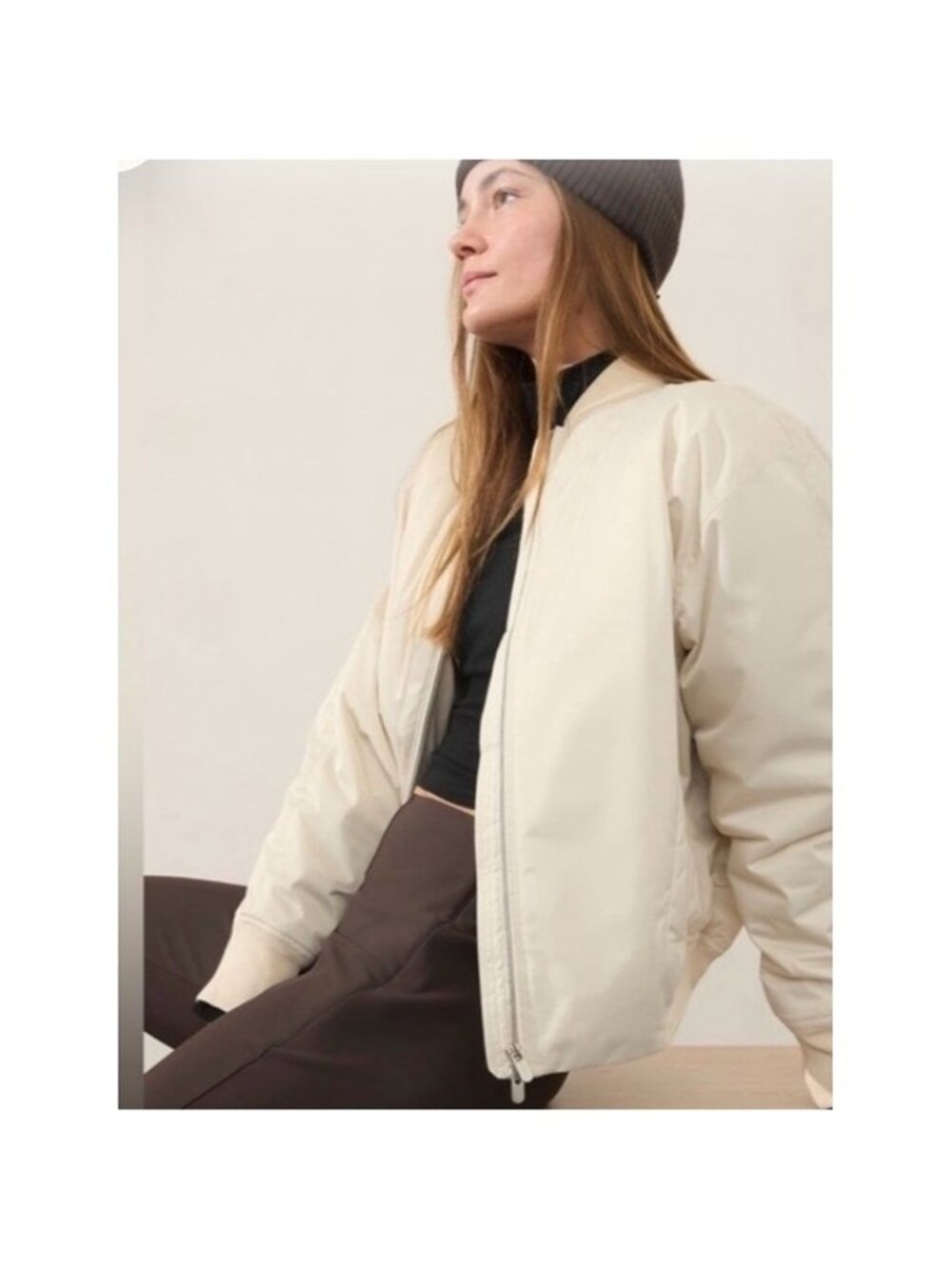 Athleta Sateen Cream Bomber Jacket padded size Large